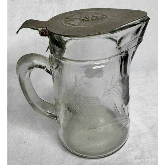 Vintage Vintage Embossed Glass Syrup Pitcher With Metal Lid Grapes Flowers - Picture 5 of 10